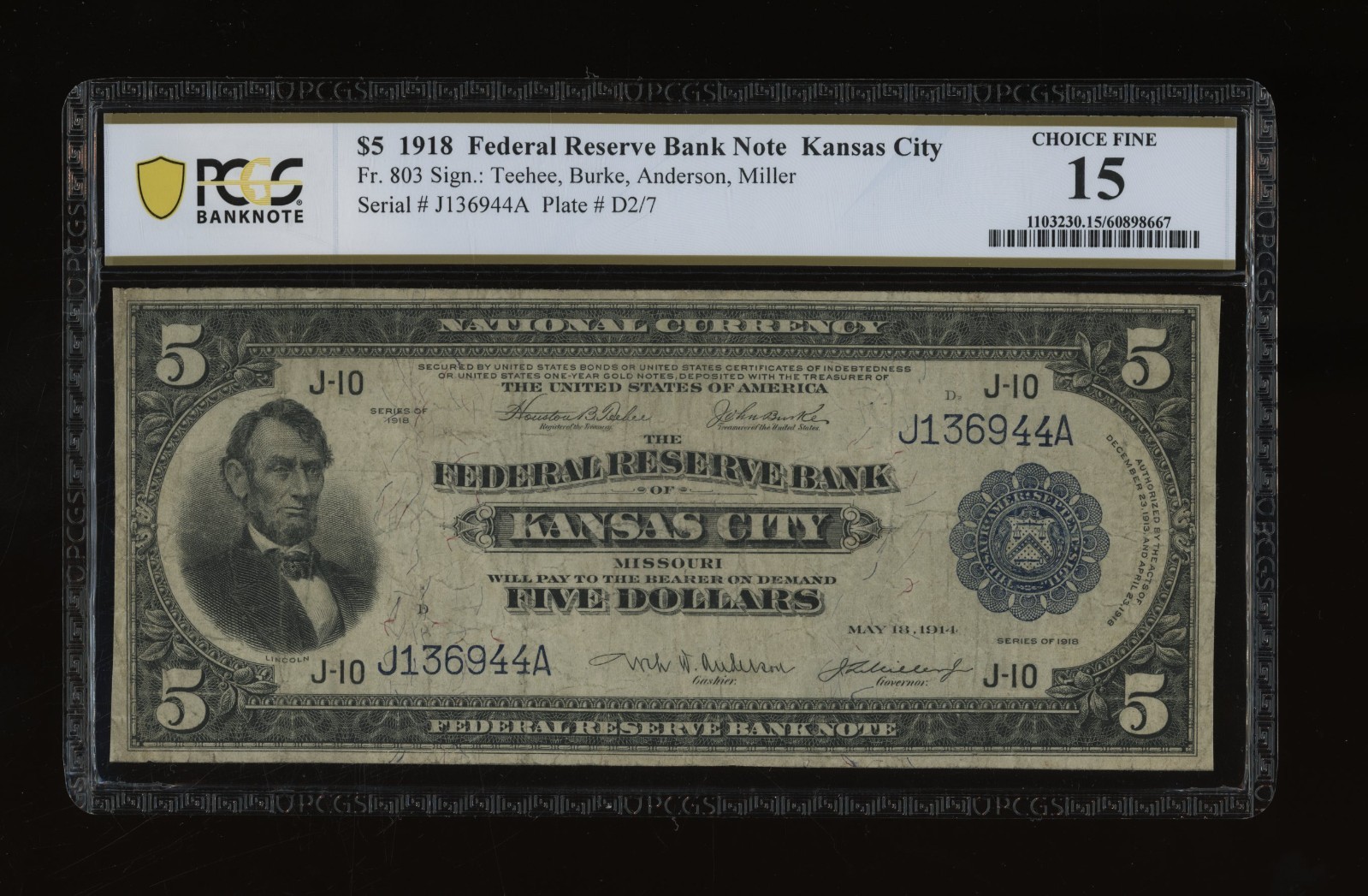 DBR 1918 $5 FRBN Kansas City Fr. 803 PCGS-B 15 Serial J136944A