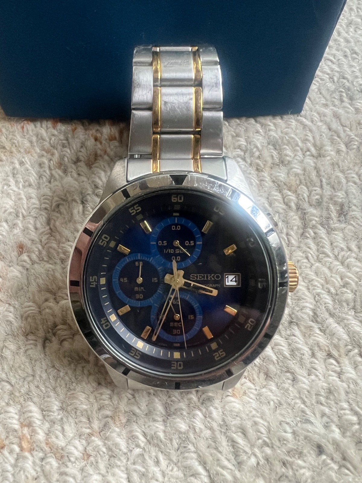 Watch SEIKO 4T57 00H0 men’s wristwatch quartz chrono date blue dial, silver/gold Watch SEIKO 4T57 00H0 men’s wristwatch quartz chrono date blue dial, silver/gold