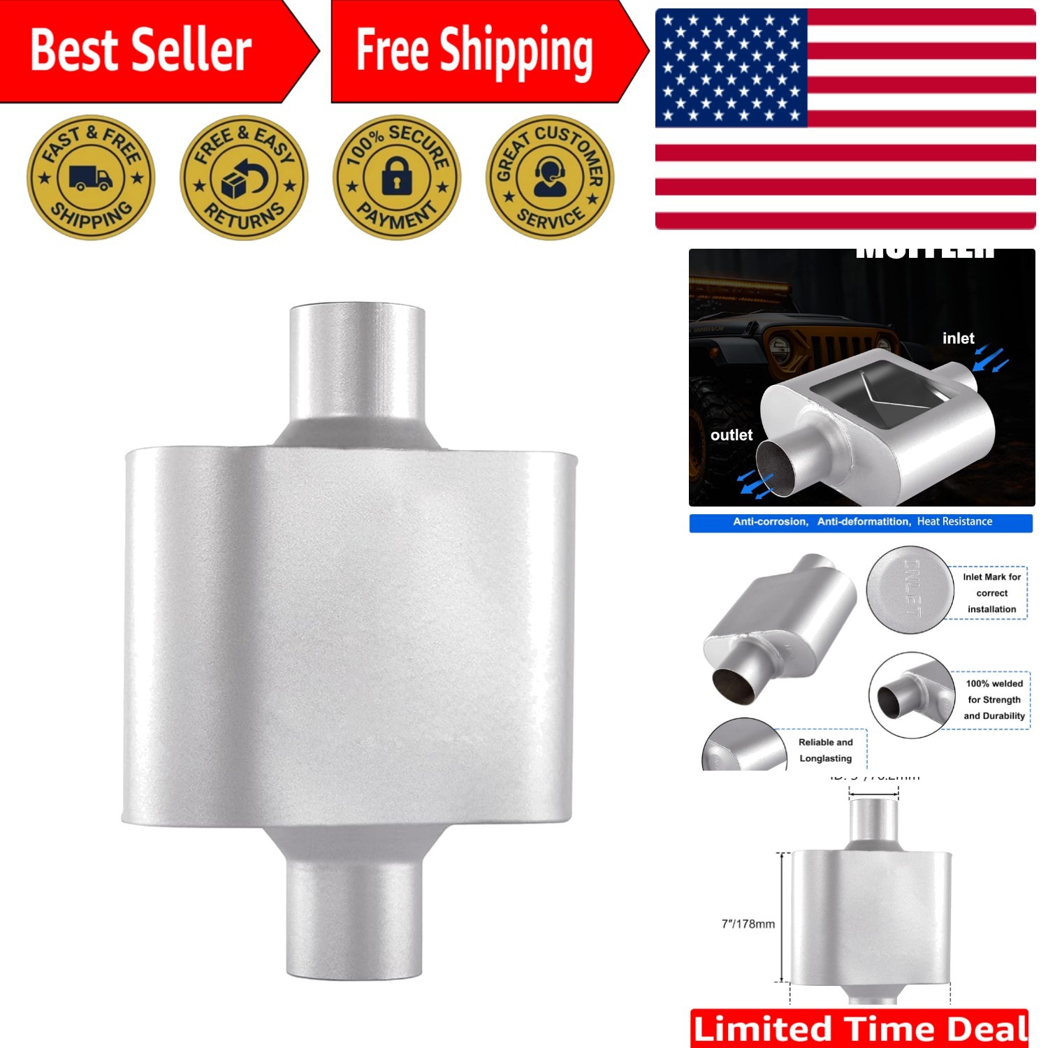 Universal 3-Inch Performance Muffler - Enhanced Exhaust with Noise Reduction