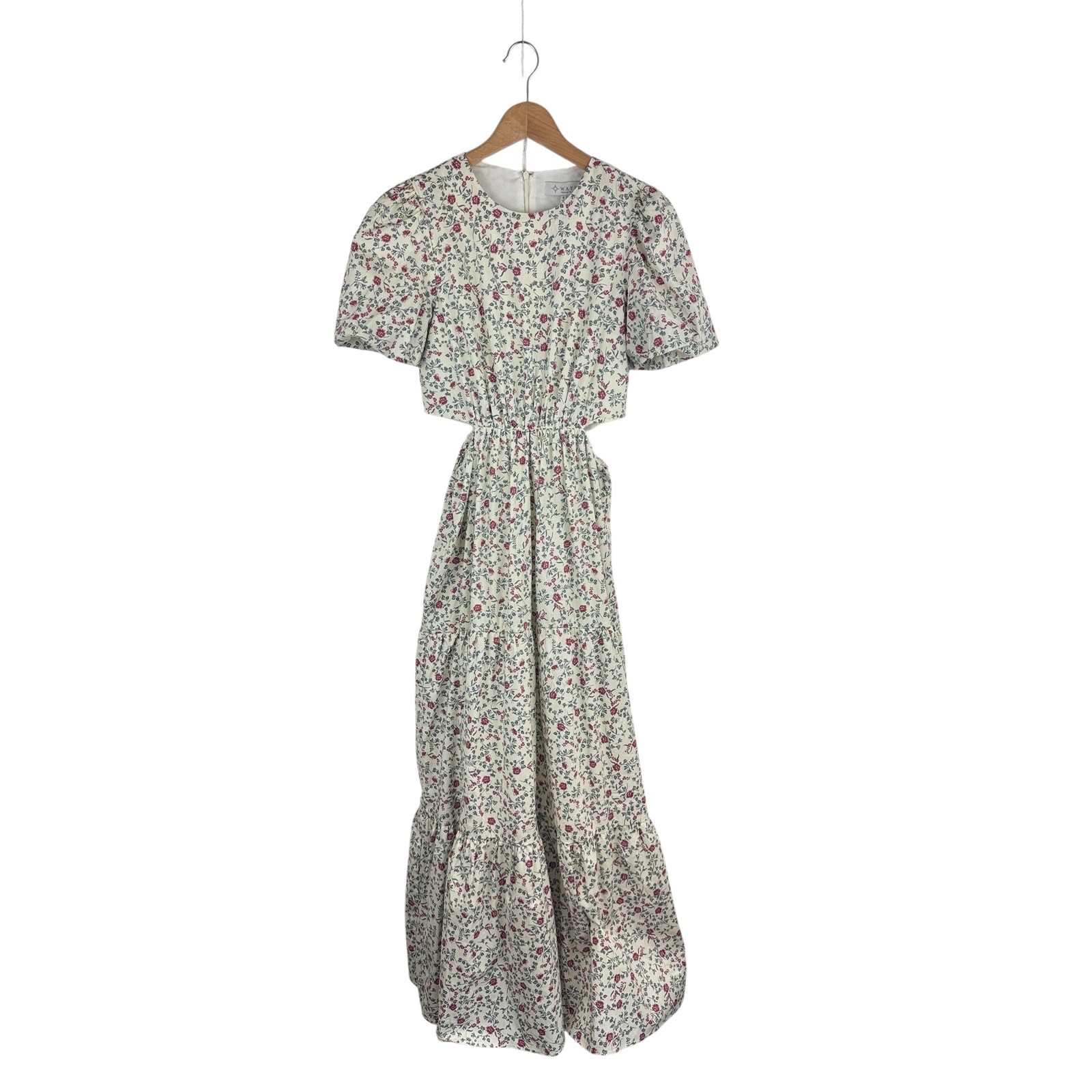 NWT WAYF Floral Cutout Tiered Maxi Dress S Cotton Puff Sleeves