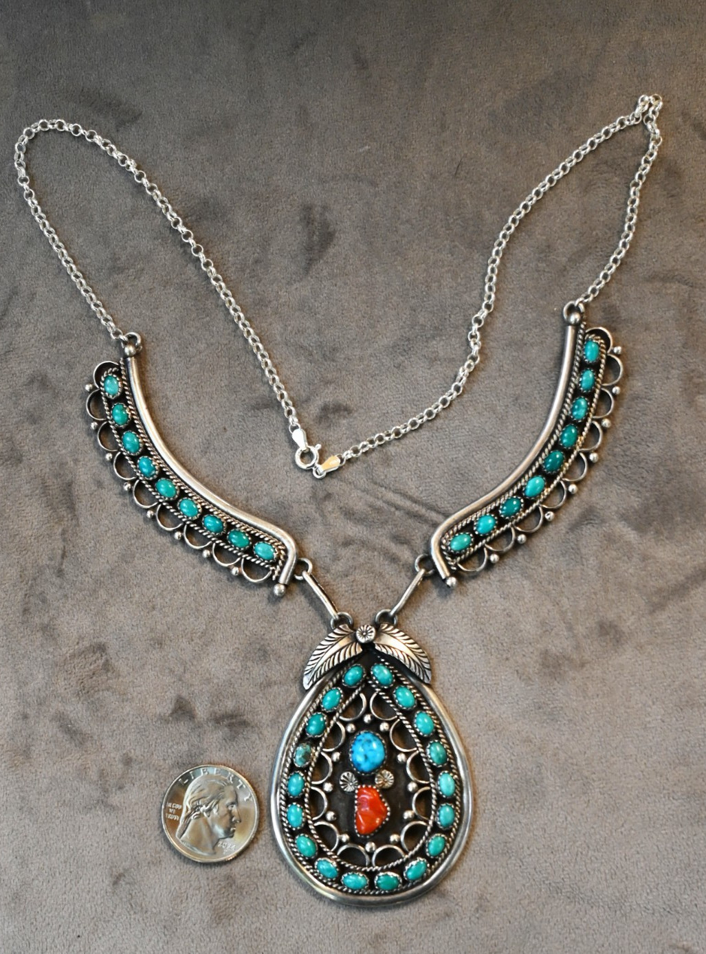 Navajo Alfred Joe Necklace Royston Turquoise, Coral & Sterling 69 grams 23 inch