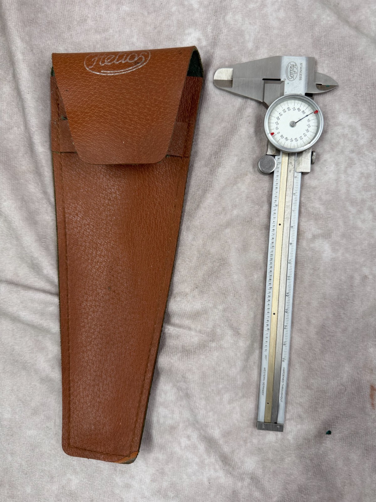 Vintage Helios Dial Caliper .001 Stainless Steel West Germany w Case Sheath Vintage Helios Dial Caliper .001 Stainless Steel West Germany w Case Sheath