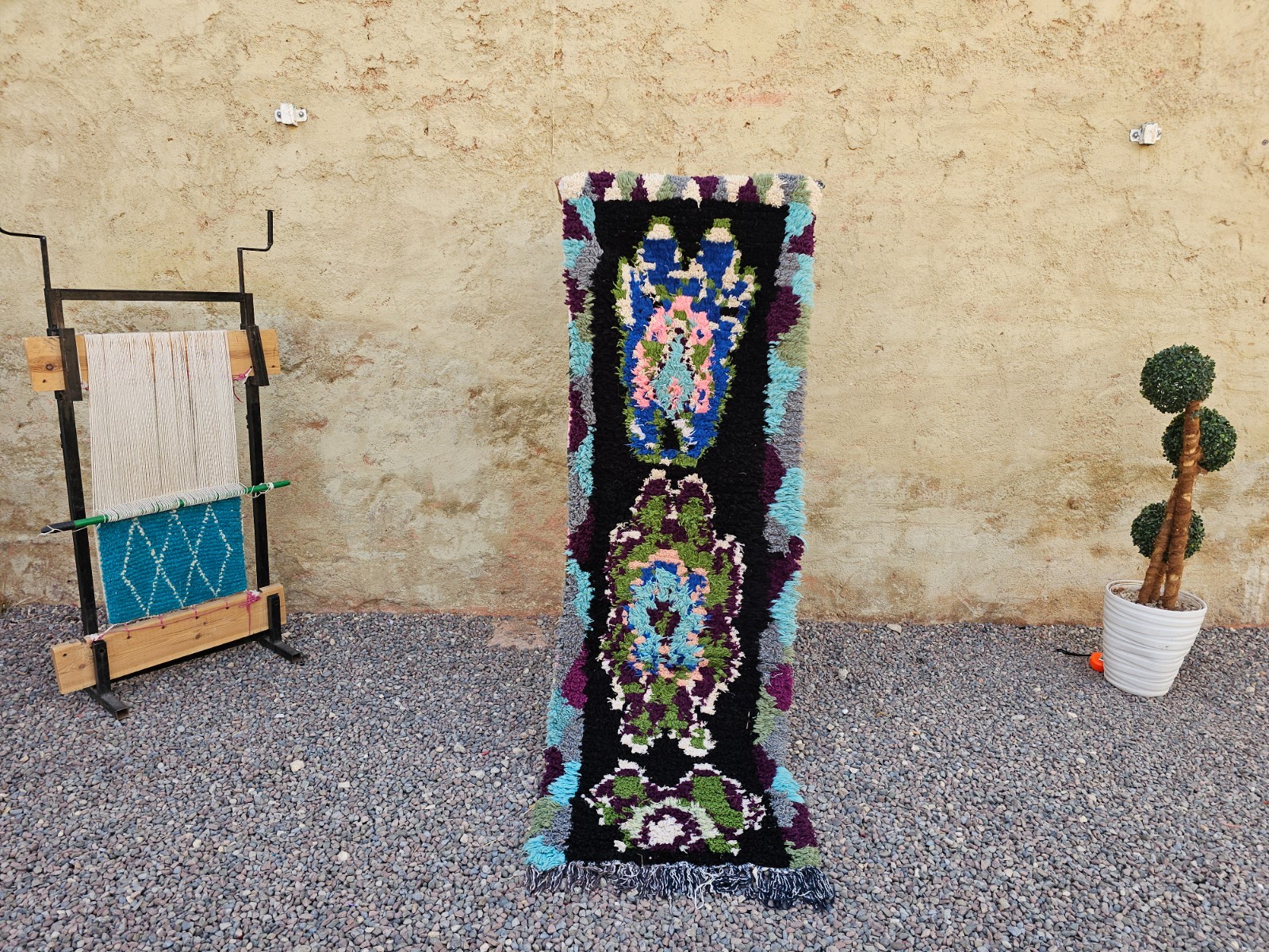 Handmade Moroccan Runner Rug Black Floral Berber Boucherouite Boho Hallway Rug