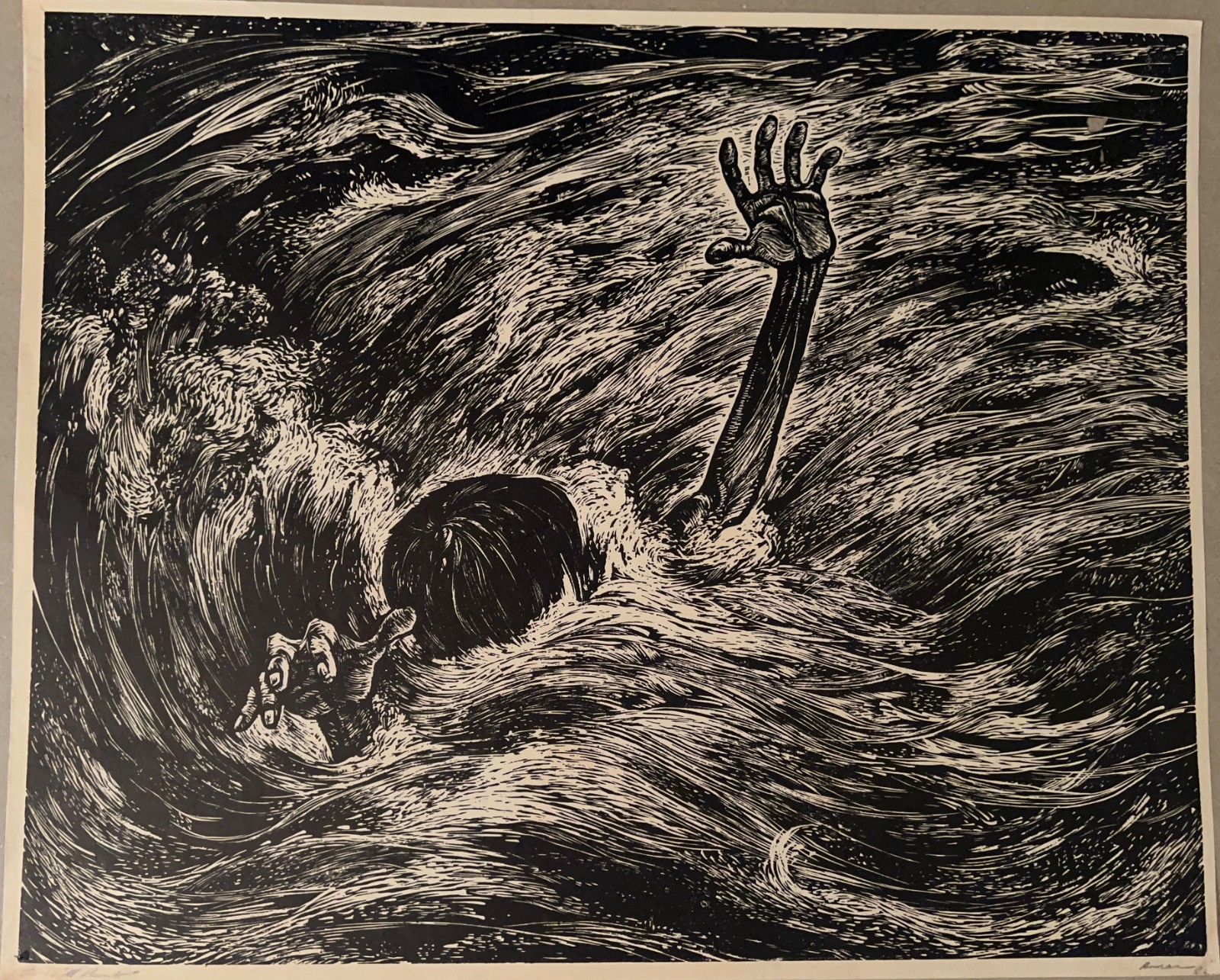 Lorenzo Homar 1959 Niño ahogándose – Rare Puerto Rican Woodcut