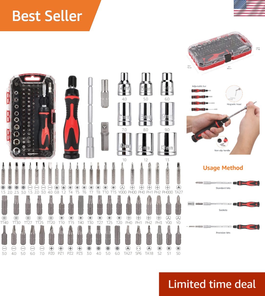Elegant 73-Piece Magnetic Ratchet Wrench & Precision Screwdriver Set, Black/Red