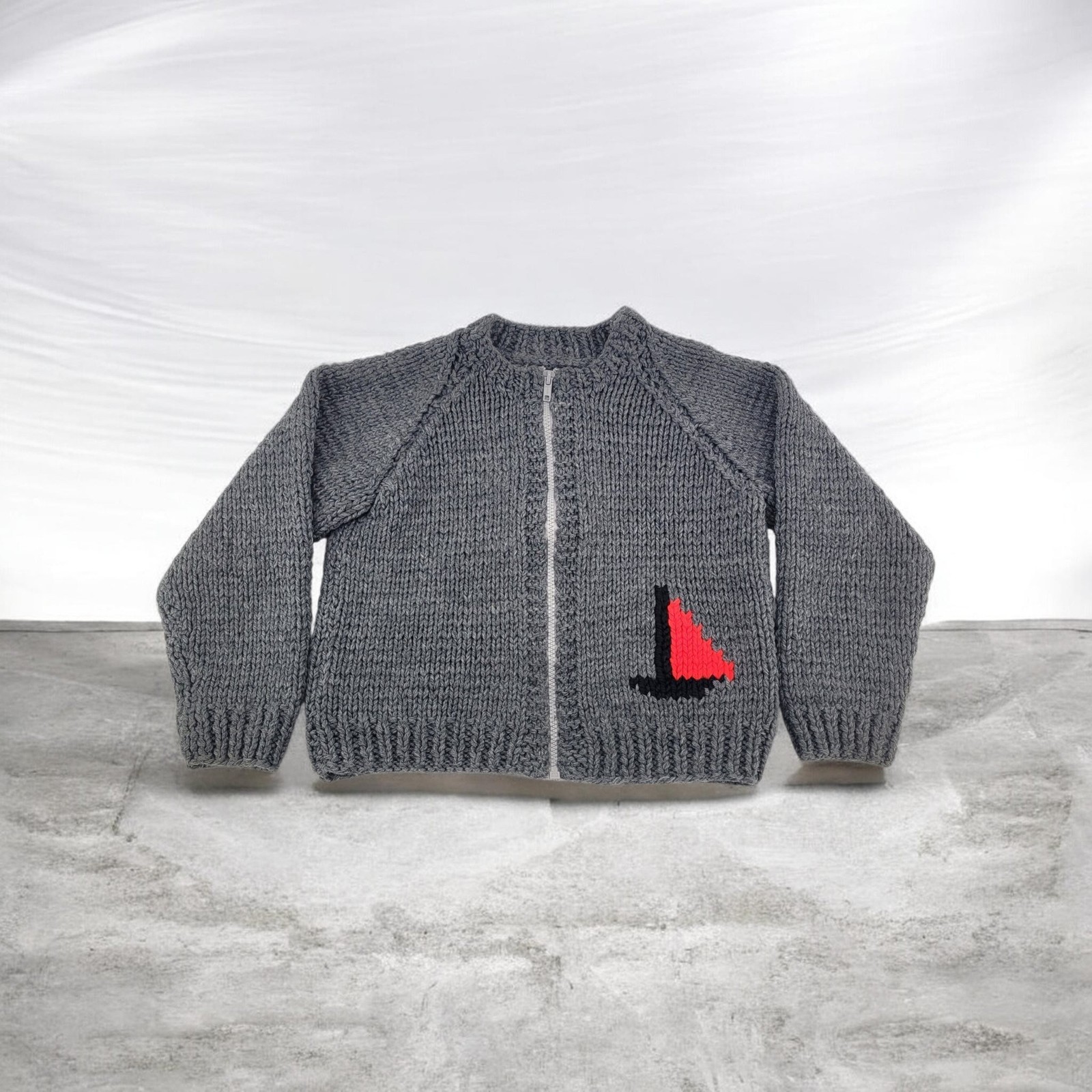 VTG 50s 60s Cowichan Sweater Kids 4T Wool Full Zip Sail Boat Knit Cardigan