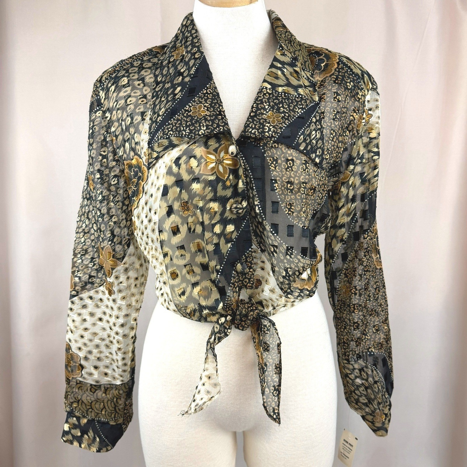 Vintage Womens (L) Sheer Animal Print Crop Blouse Metallic Gold Mobwife Y2K USA