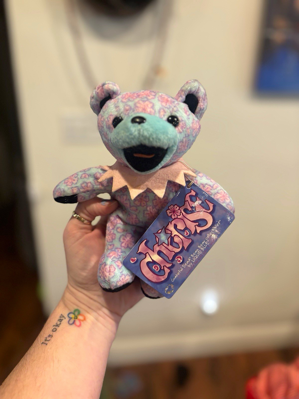 Vintage Grateful Dead Cherise Bean Bear Liquid Blue 7” Floral Plush 2001 Tag