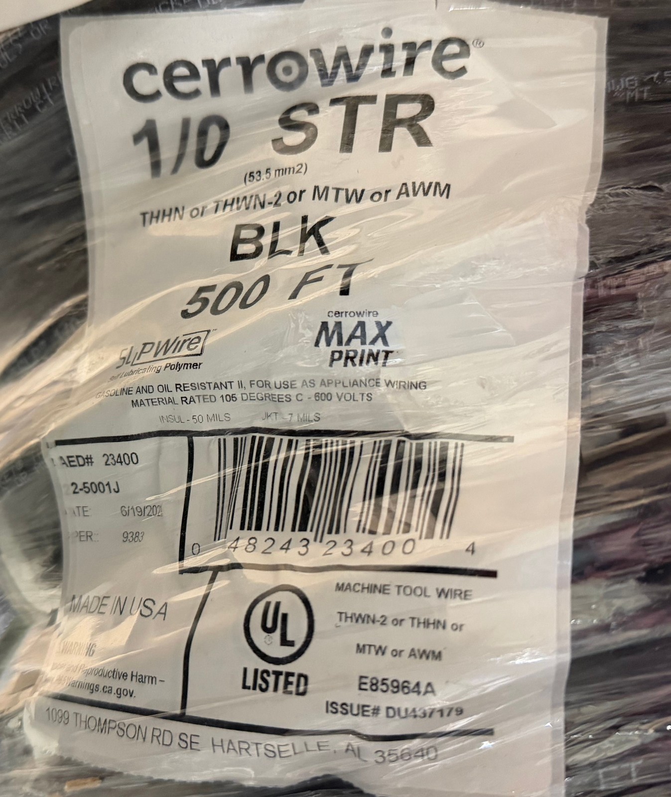Cerrowire 1/0 Black Stranded Copper THHN Wire 50 FT