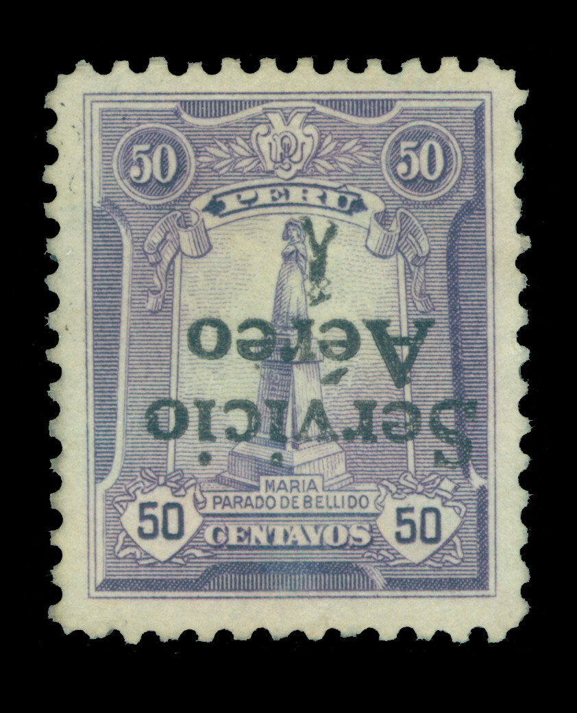 PERU 1927 AIRMAIL Overprinted 50c violet - INVERTED OVERPRINT - Sc# C1a UNUSED PERU 1927 AIRMAIL Overprinted 50c violet - INVERTED OVERPRINT - Sc# C1a UNUSED
