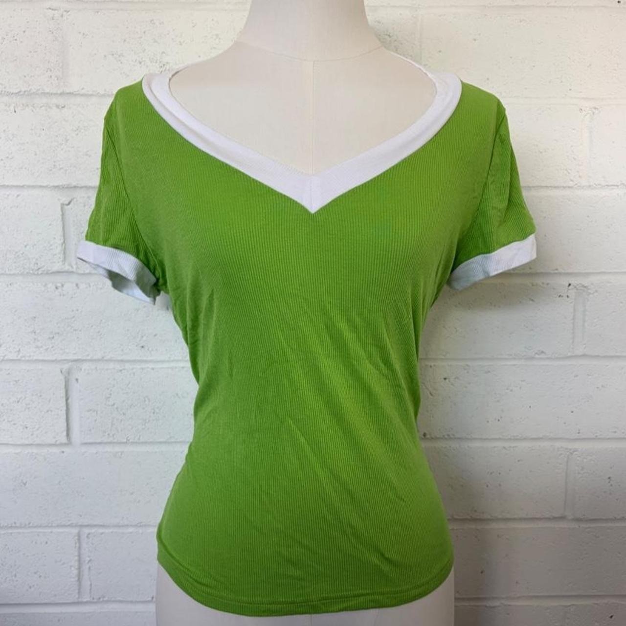 Y2K Sporty Ringer Tee Lime Green White Contrast Trim V-Neck Ribbed Baby Tee M