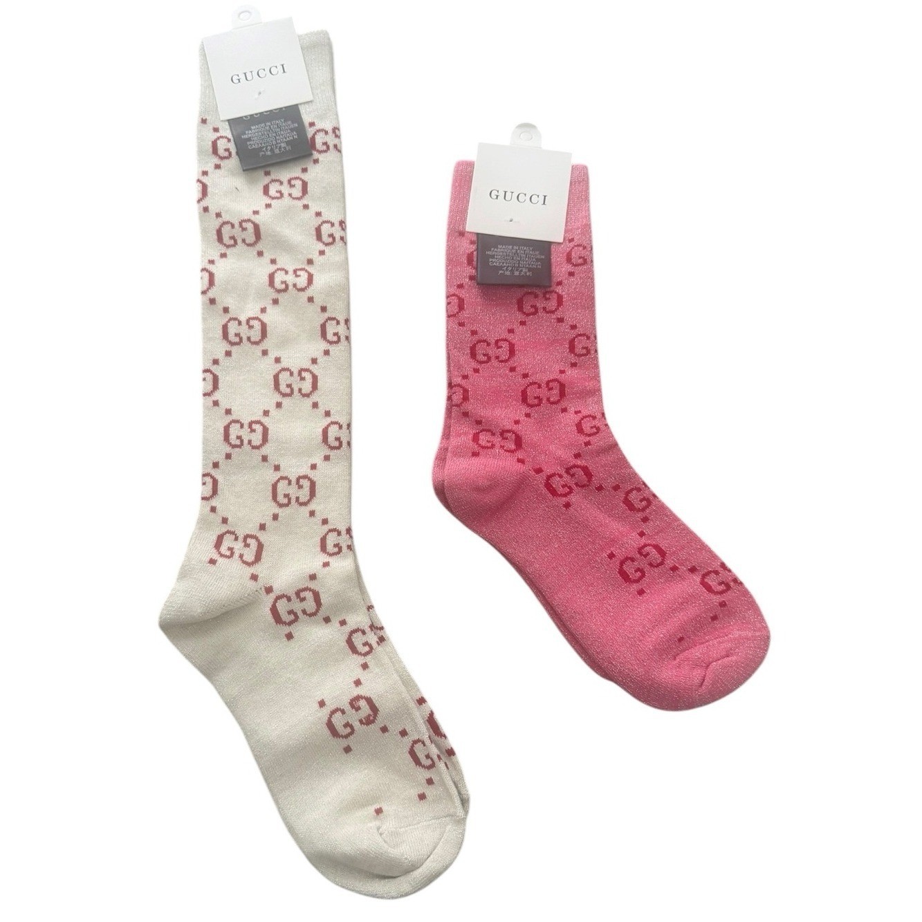 2 Pair Gucci Outlet GG Monogram Socks. 1 Knee High & 1 Crew— Pink & Gray 2 Pair Gucci Outlet GG Monogram Socks. 1 Knee High & 1 Crew— Pink & Gray