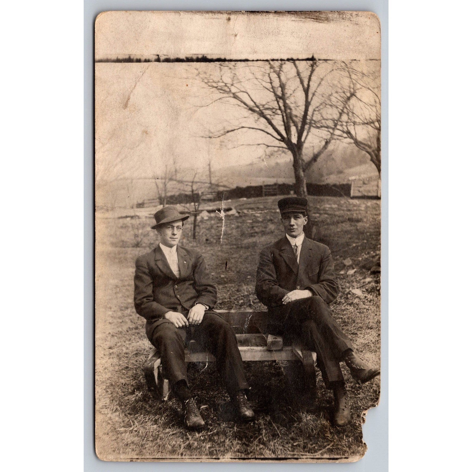 Antique RPPC Real Photo Postcard Two Men Suits Hats Louis Finch Trout Creek NY