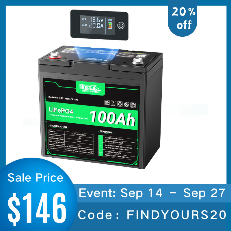 HQST 12V 100Ah Lithium Iron Phosphate LiFePO4 Battery with LED Display