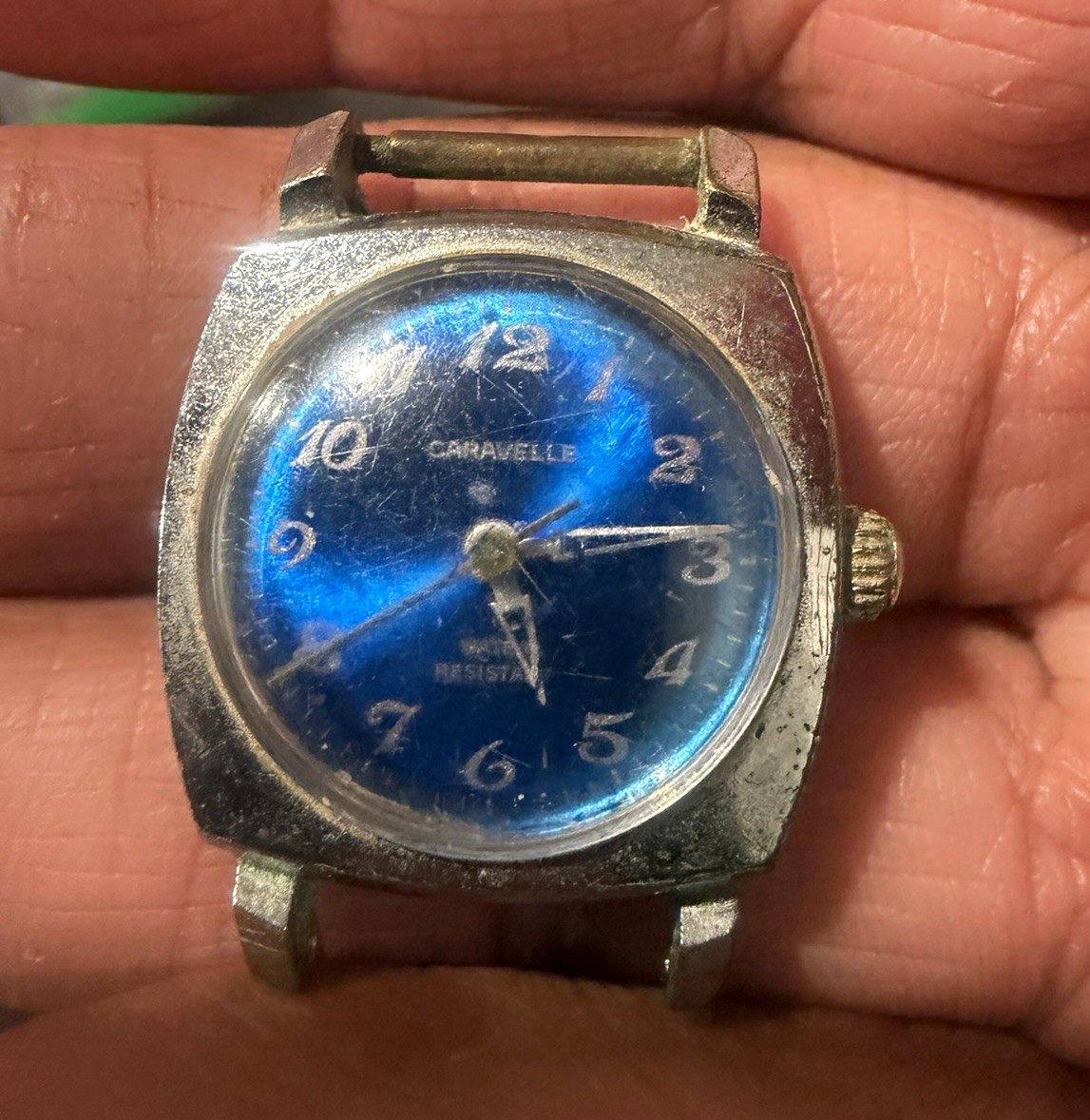 Caravelle Vintage 1950s Manual Wind 7J Blue Dial Square SS Watch no band 