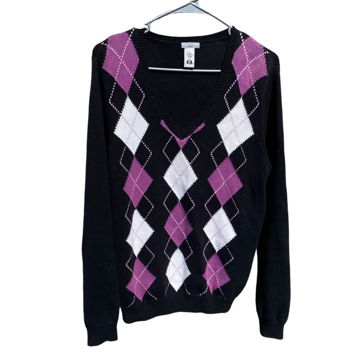 IZOD Woman\'s Golf Argyle Sweater L Black Pink V-Neck Good Cotton Knit Preppy