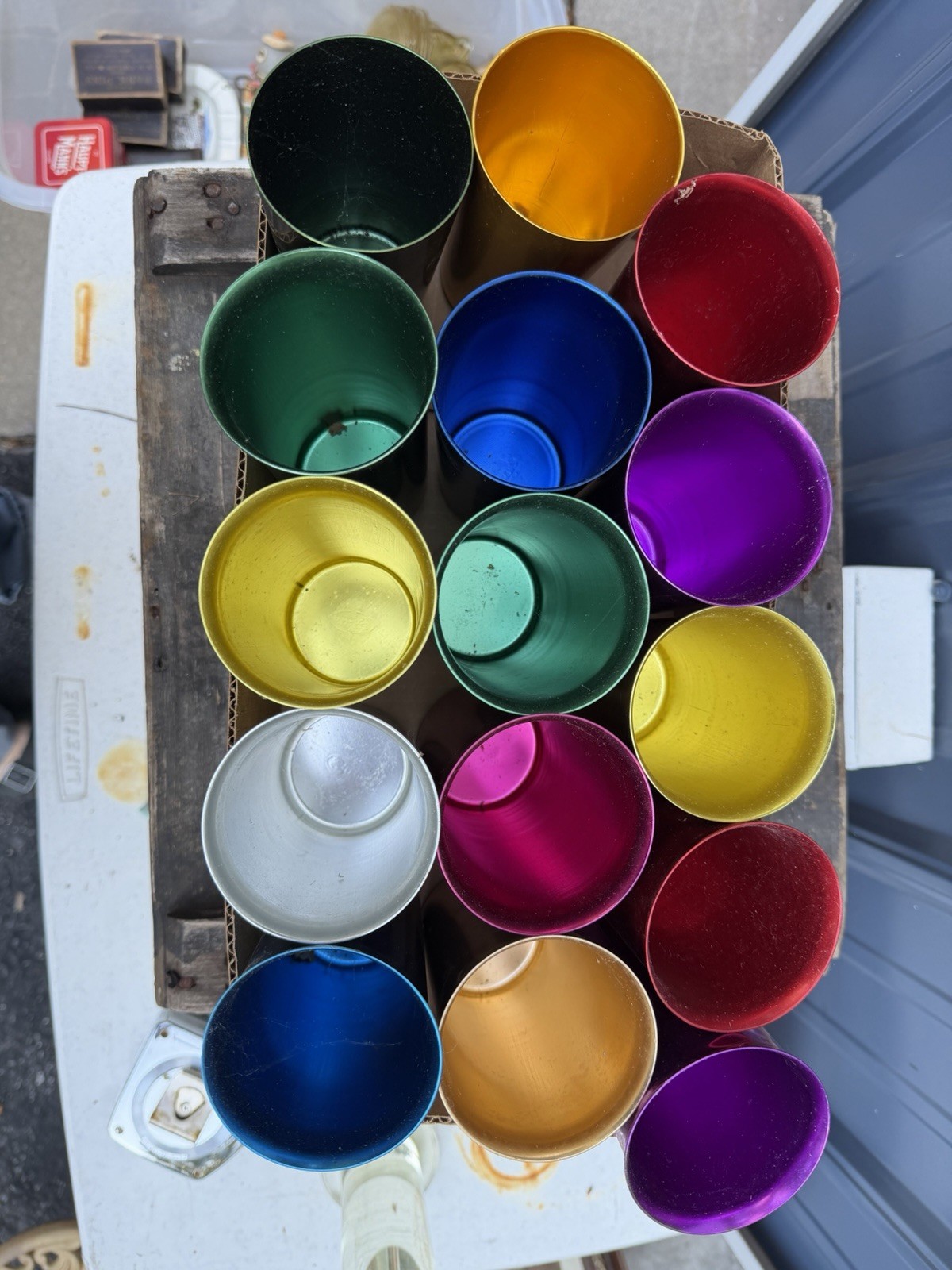 Vintage MCM Anodized Aluminum Tumblers Bascal Sunburst Rainbow Cups Lot 15