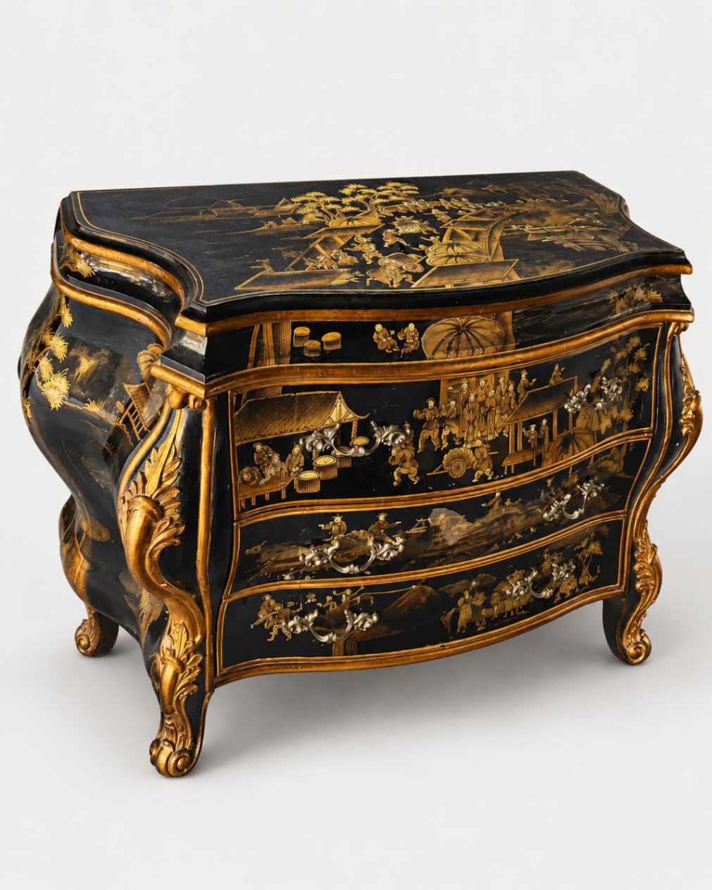 Antique Chinoiserie Commode Chest of Drawers Black Lacquer Gilt Ormolu