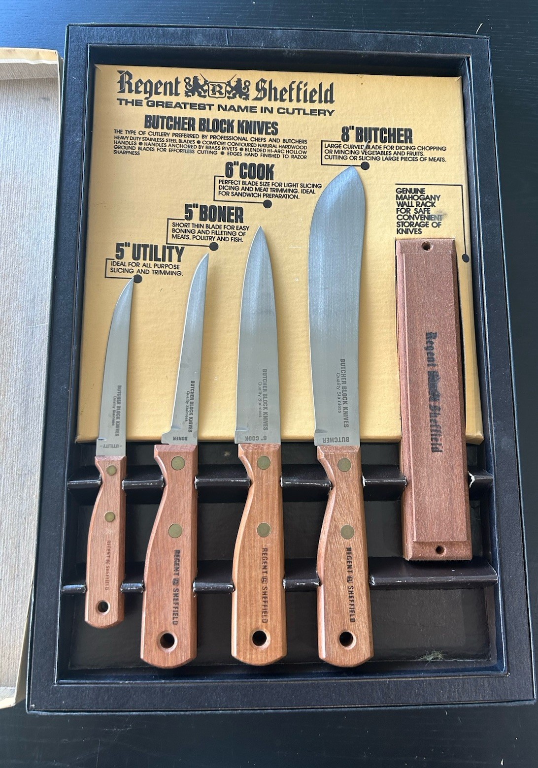Regent Sheffield Vintage 5pc Butcher Block Knife Set Stainless Steel Blades