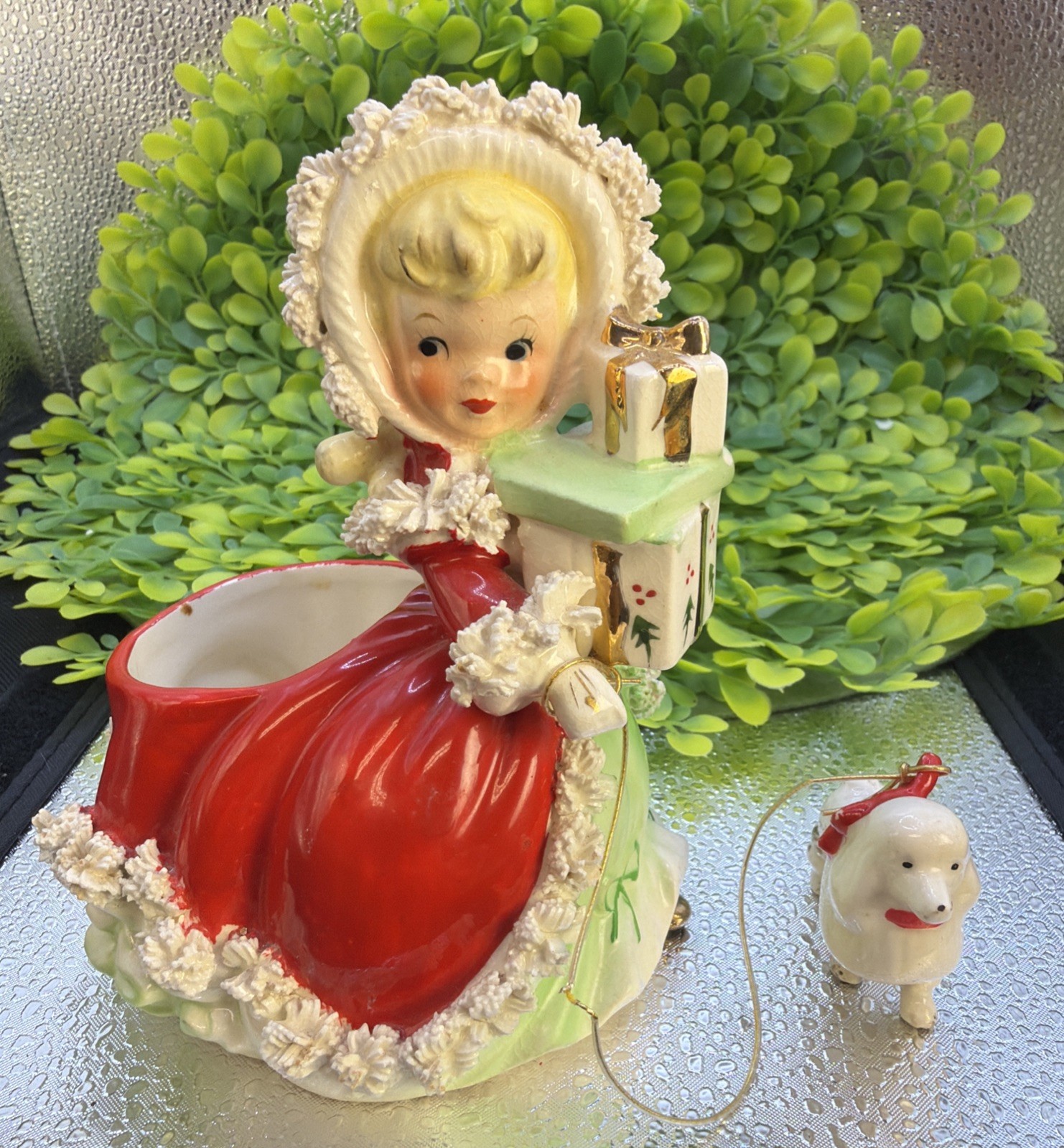 Vtg Napco Christmas Shopper Girl Red Dress w Poodle Presents Spaghetti Trim Vtg Napco Christmas Shopper Girl Red Dress w Poodle Presents Spaghetti Trim
