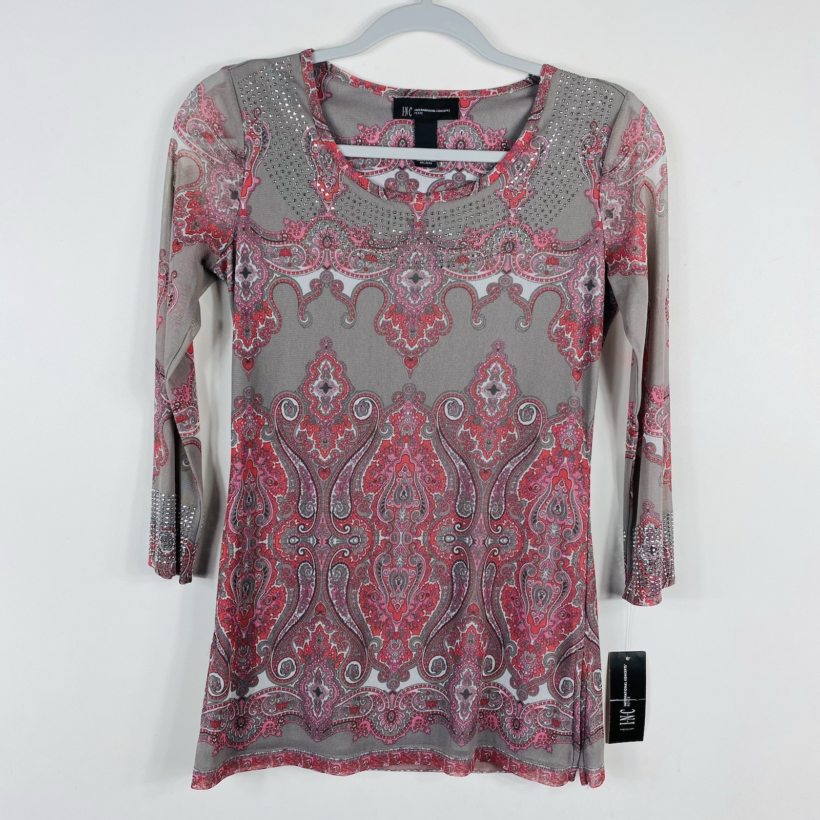 INC International Concepts Top XS Petite P Paisley Embellished Long Sleeve