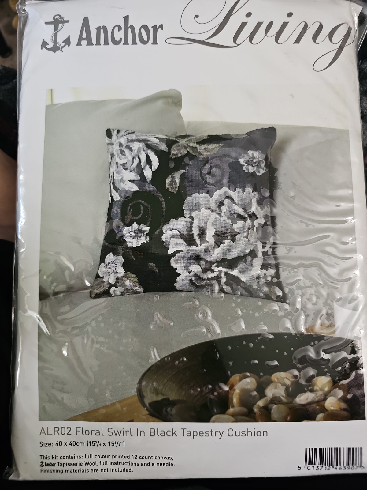Vtg Anchor Living Floral Swirl Black Tapestry Needlepoint Kit
