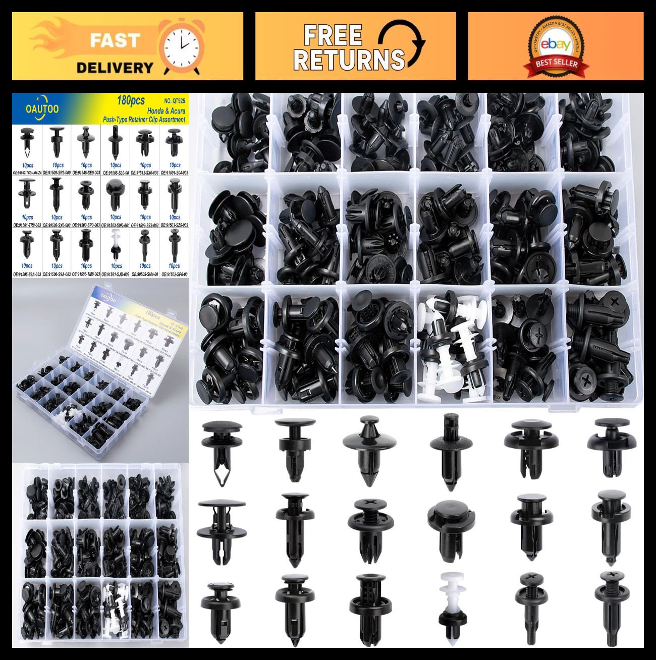 180pcs Push-Type Retainer Clip Set for Honda Acura Bumper Fender Splash Shield