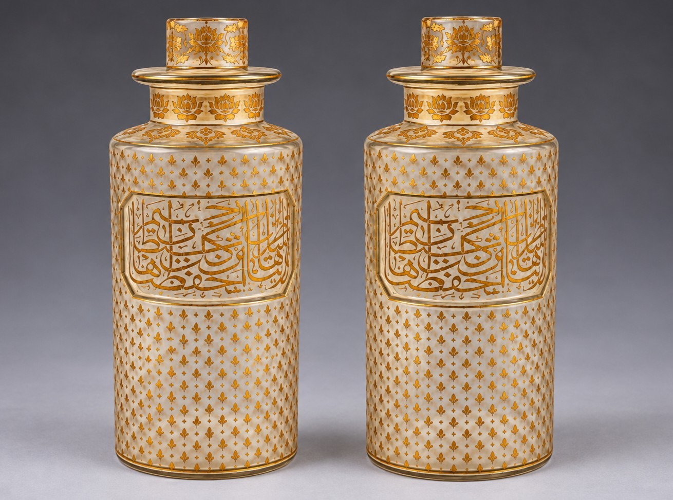 Handpainted Pair of Ottoman Islamic perfume bottles inscribed With quran verse Handpainted Pair of Ottoman Islamic perfume bottles inscribed With quran verse
