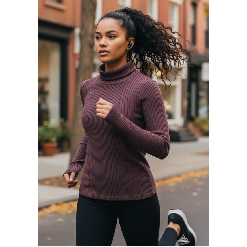 ATHLETA FLURRY ENDEAVOR TURTLENECK BURGUNDY BLACK RIBBED KNIT TOP WMNS LARGE