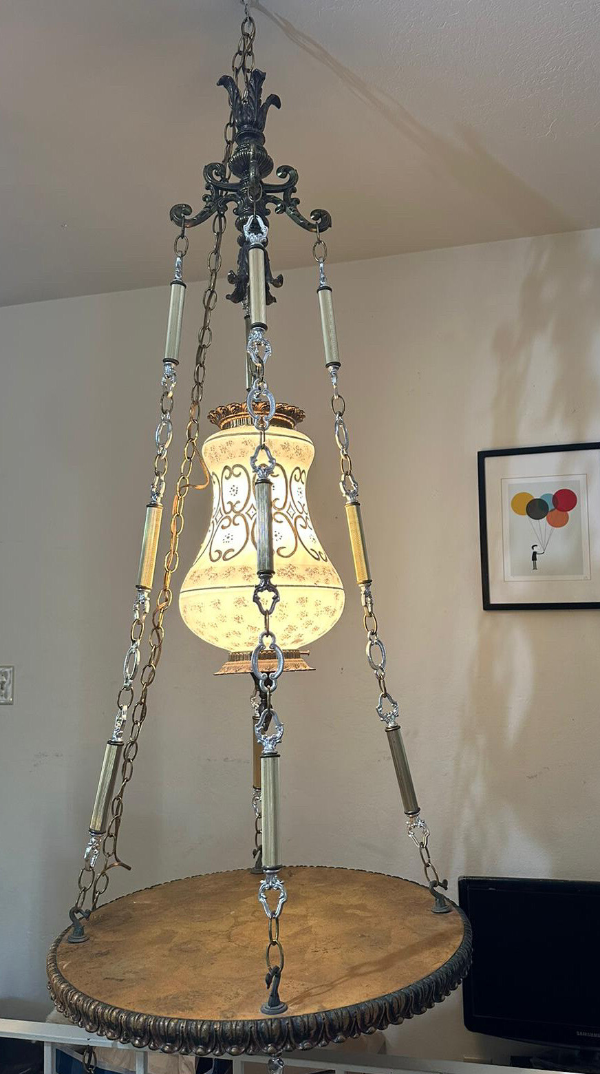 Stunning Hanging Swag Milk Glass Chandelier GWTW Lamp Wooden Table MCM VINTAGE