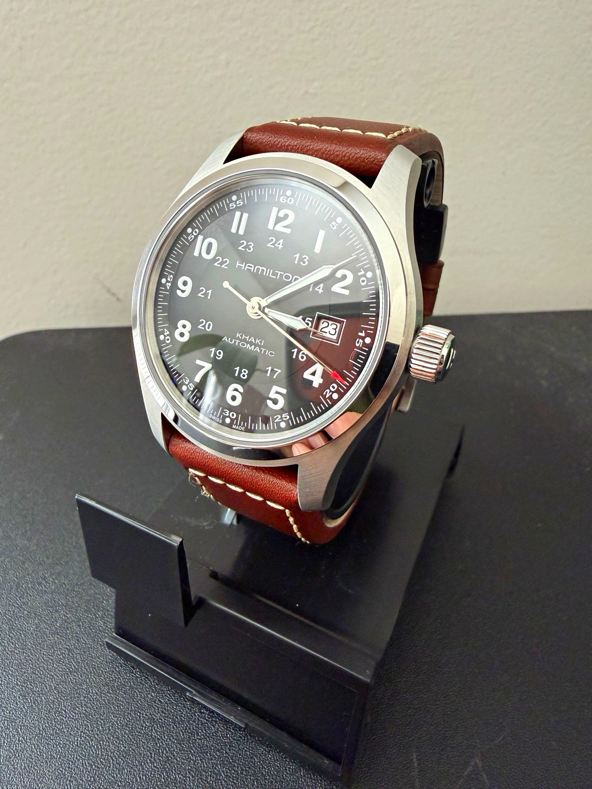 Hamilton Khaki Field Automatic 42mm Black Dial Brown Leather Strap