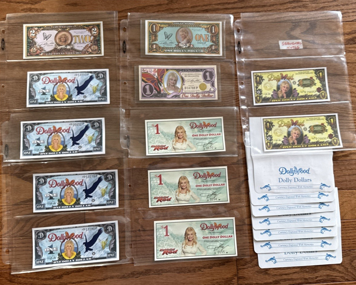 Dollywood Dolly Parton 1994-2016 Dollars 12-Notes $1 & $2 Lot w/7 Envelopes