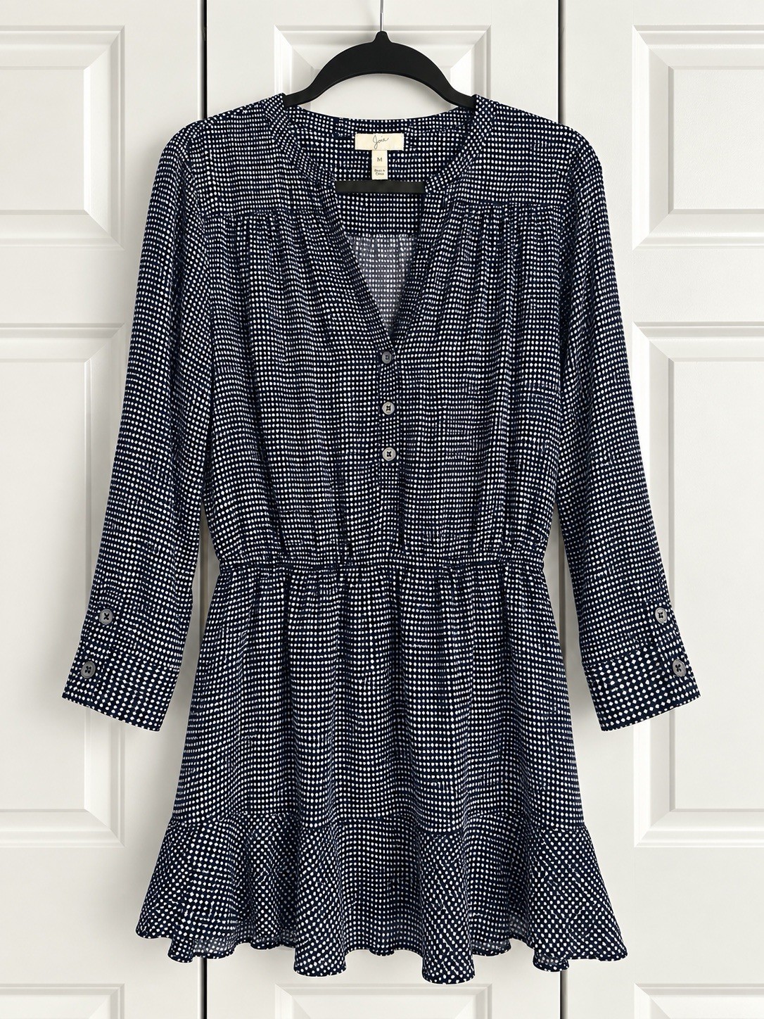 Joie Dress Womens M Navy White Print Ruffle Hem Long Sleeve Boho Mini Dress Joie Dress Womens M Navy White Print Ruffle Hem Long Sleeve Boho Mini Dress