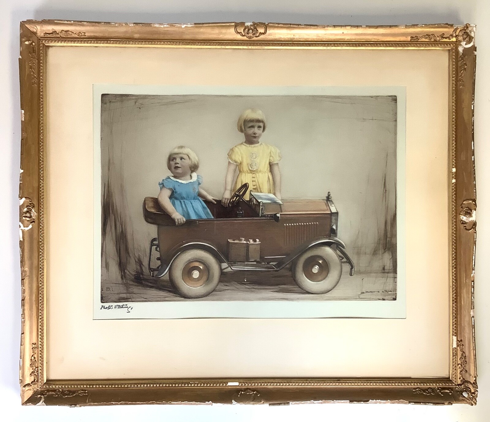 1920s-30s James Bacon & Sons Hand Tinted Photo Etching Girls Pedal Car Portrait