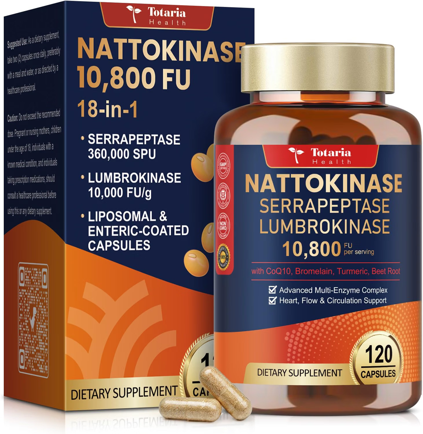 Totaria Liposomal Nattokinase 10,800 FU, 18-in-1, Non-GMO, 120 Capsules |Natural