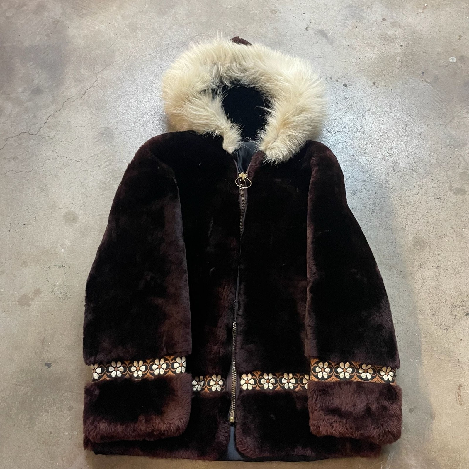 Vintage 60s Faux Fur Floral Tribal Hooded Parka Talon Zipper Size L