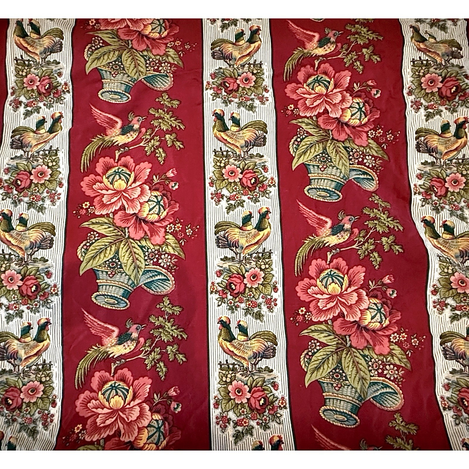 Waverly “Rochelle” Fabric Red Floral Bird Rooster CottageCore Continuous 14 yard