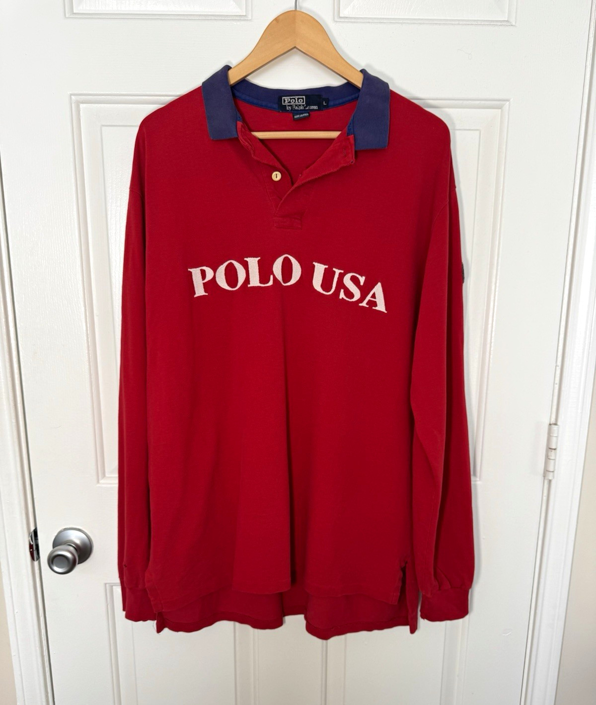 Vintage Polo Ralph Lauren Polo USA Rugby Shirt Mens L Made in USA Red Spellout