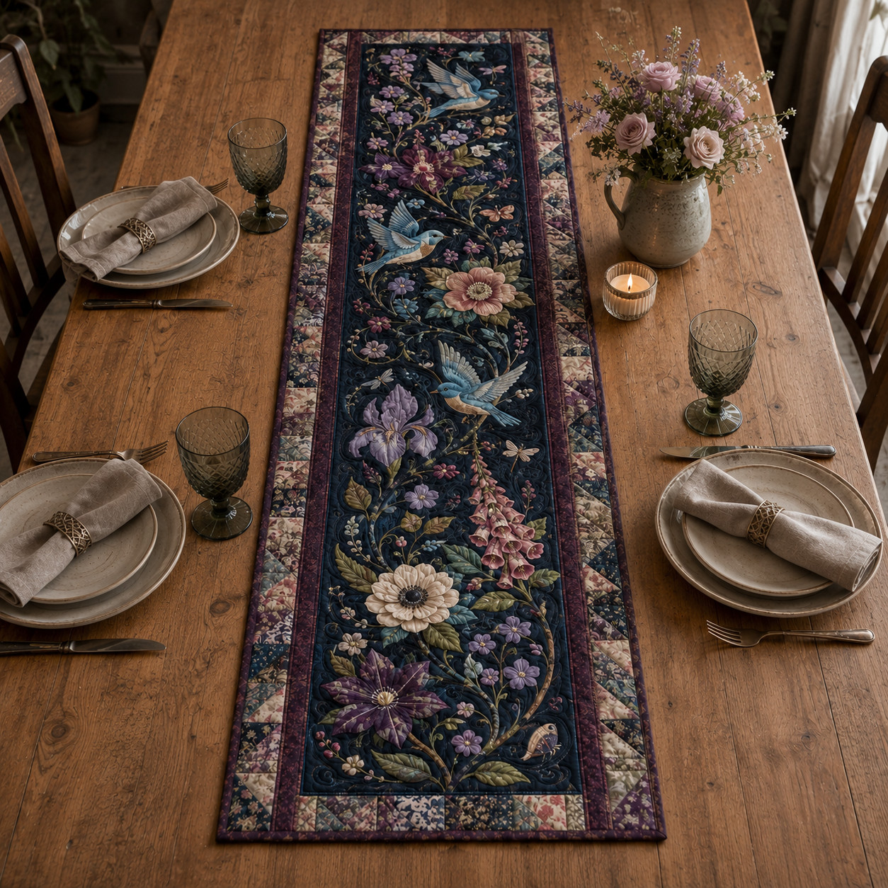 Quilted Bluebird Floral Table Runner, Purple Botanical Decor