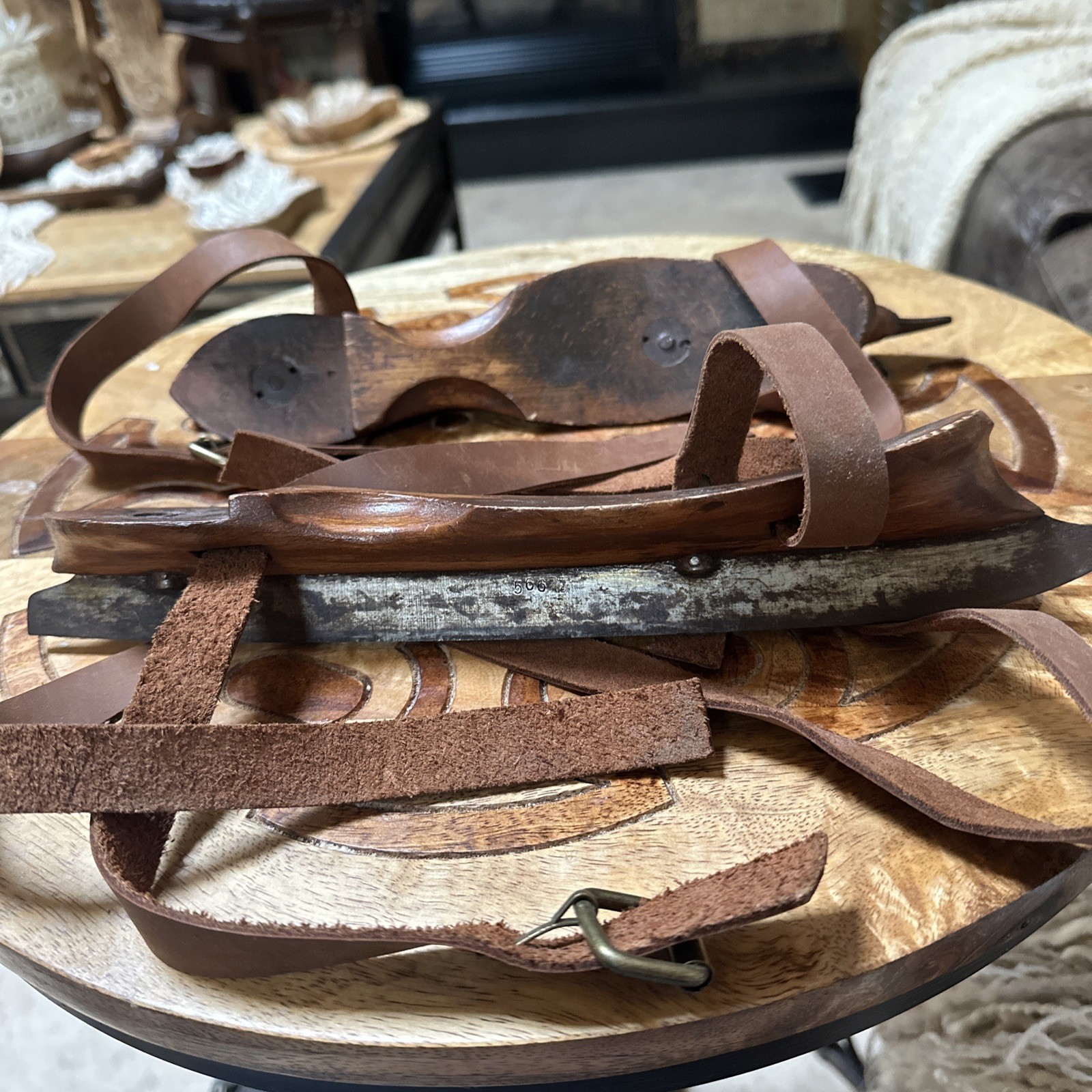 pair Ice skates Netherland wood steel Leather J.Nooitgedagt & ZN. Antique