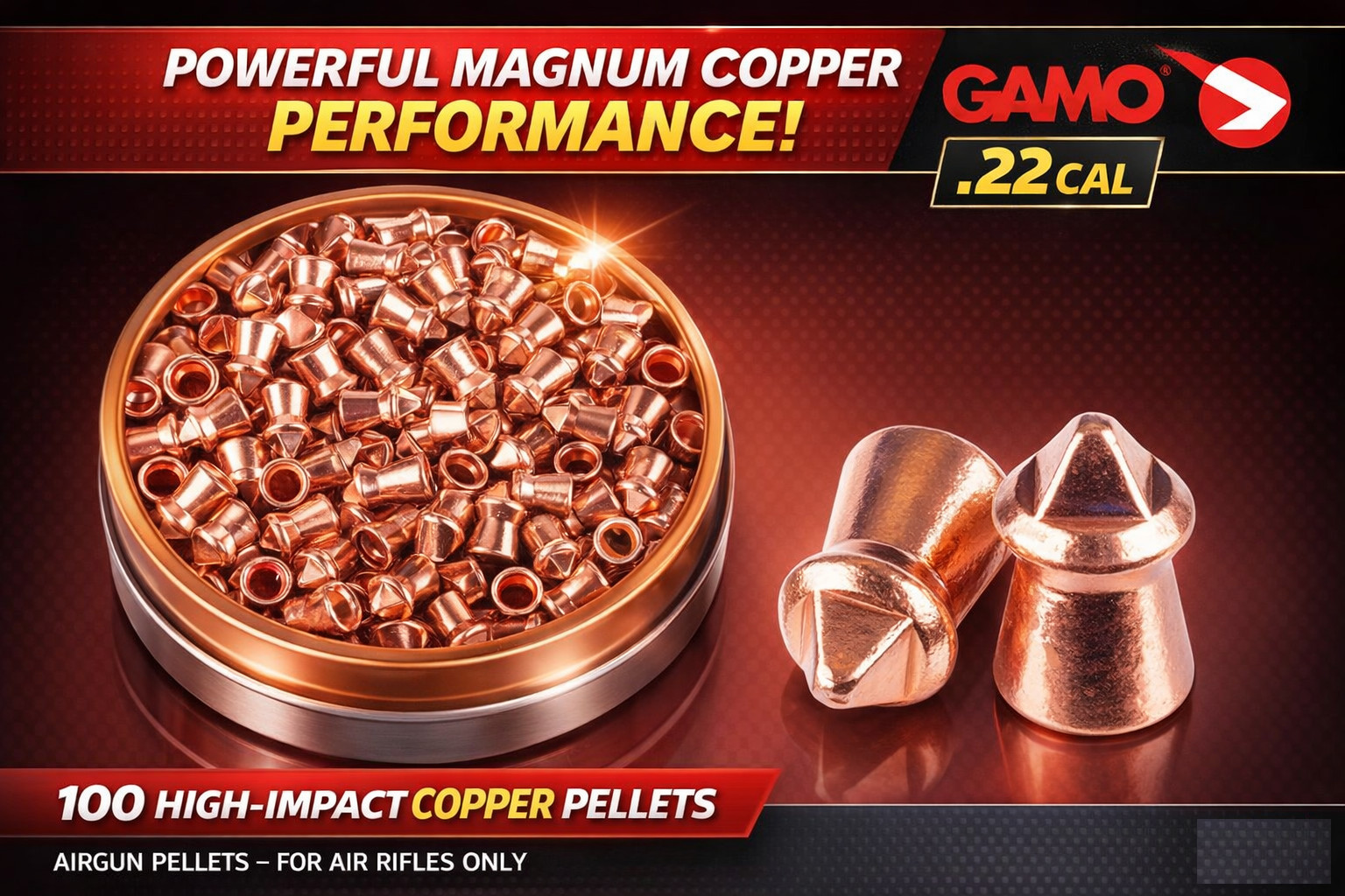 GAMO 100 Count LUXOR Pyramid Pointed COPPER COATED 5.5mm .22 Caliber Pellets