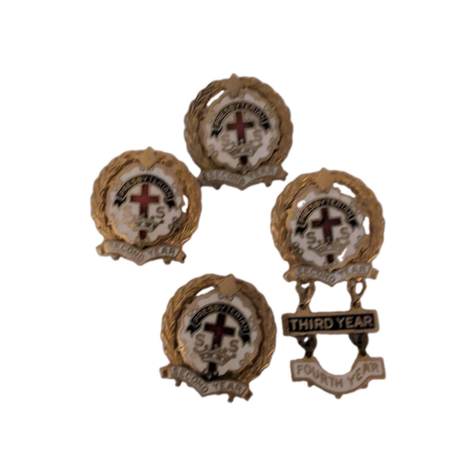 Vintage Presbyterian Sunday School Pin 3 Second Year, 1 Fourth Year Cross Crown Vintage Presbyterian Sunday School Pin 3 Second Year, 1 Fourth Year Cross Crown