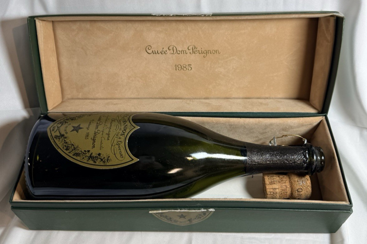 Vintage Cuvee Dom Perignon 1985 Empty Bottle with Original Box, Paperwork, Cork Vintage Cuvee Dom Perignon 1985 Empty Bottle with Original Box, Paperwork, Cork