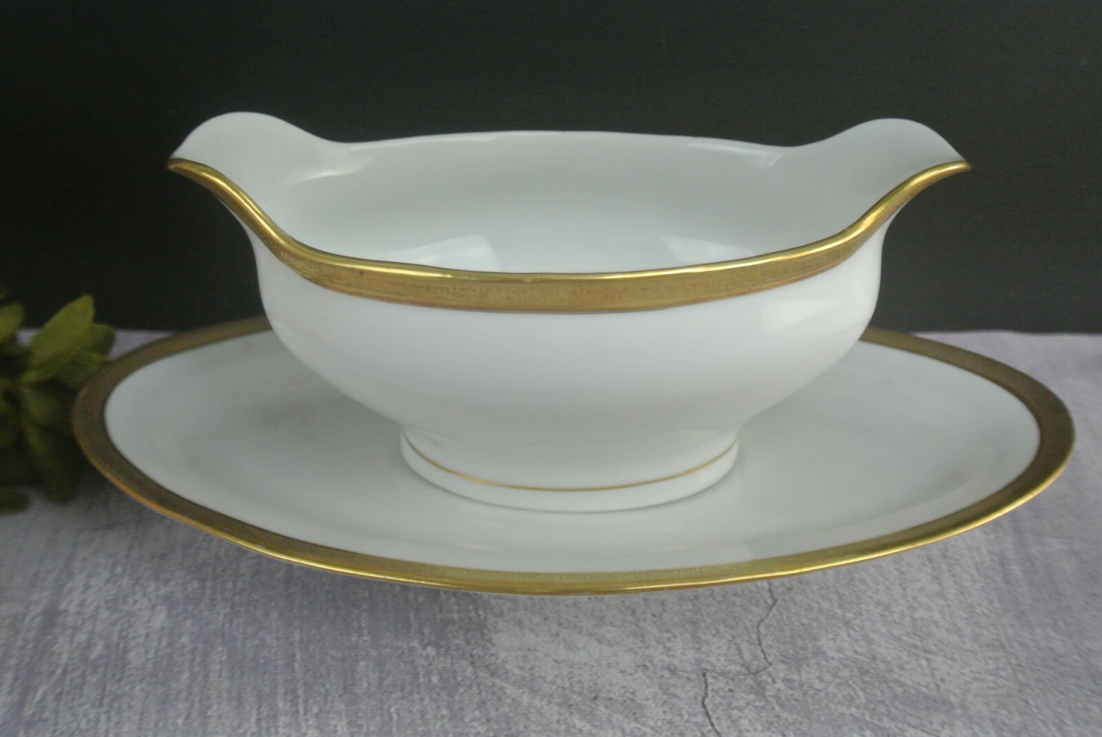 Vintage O&EG Royal Austria Greek Key Gold Trim Gravy Boat W/ Underplate