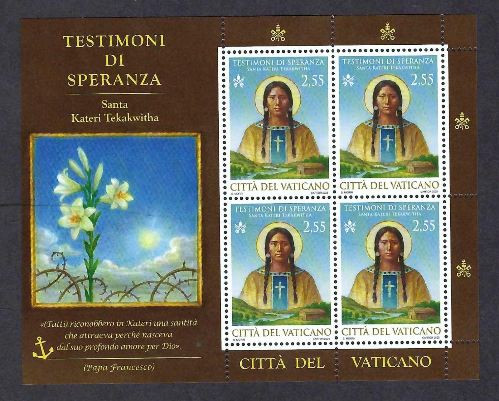 Vatican City 2025 Witnesses of Hope: Saint Kateri Tekakwitha mint sheet of 4 Vatican City 2025 Witnesses of Hope: Saint Kateri Tekakwitha mint sheet of 4