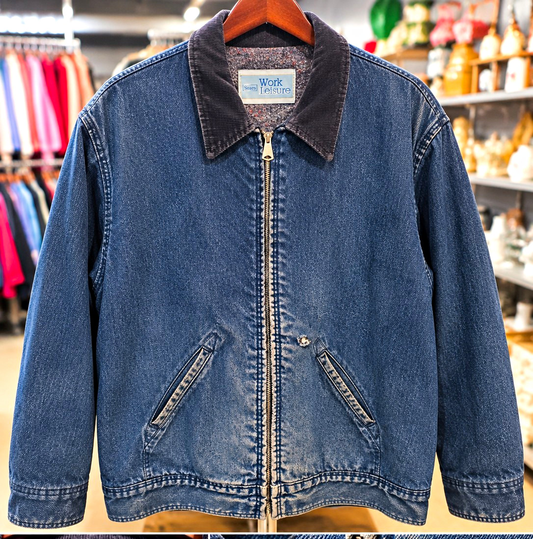 Sears Work Leisure Vintage 1970s Blue Denim Lined Zip Work Jacket Men’s L
