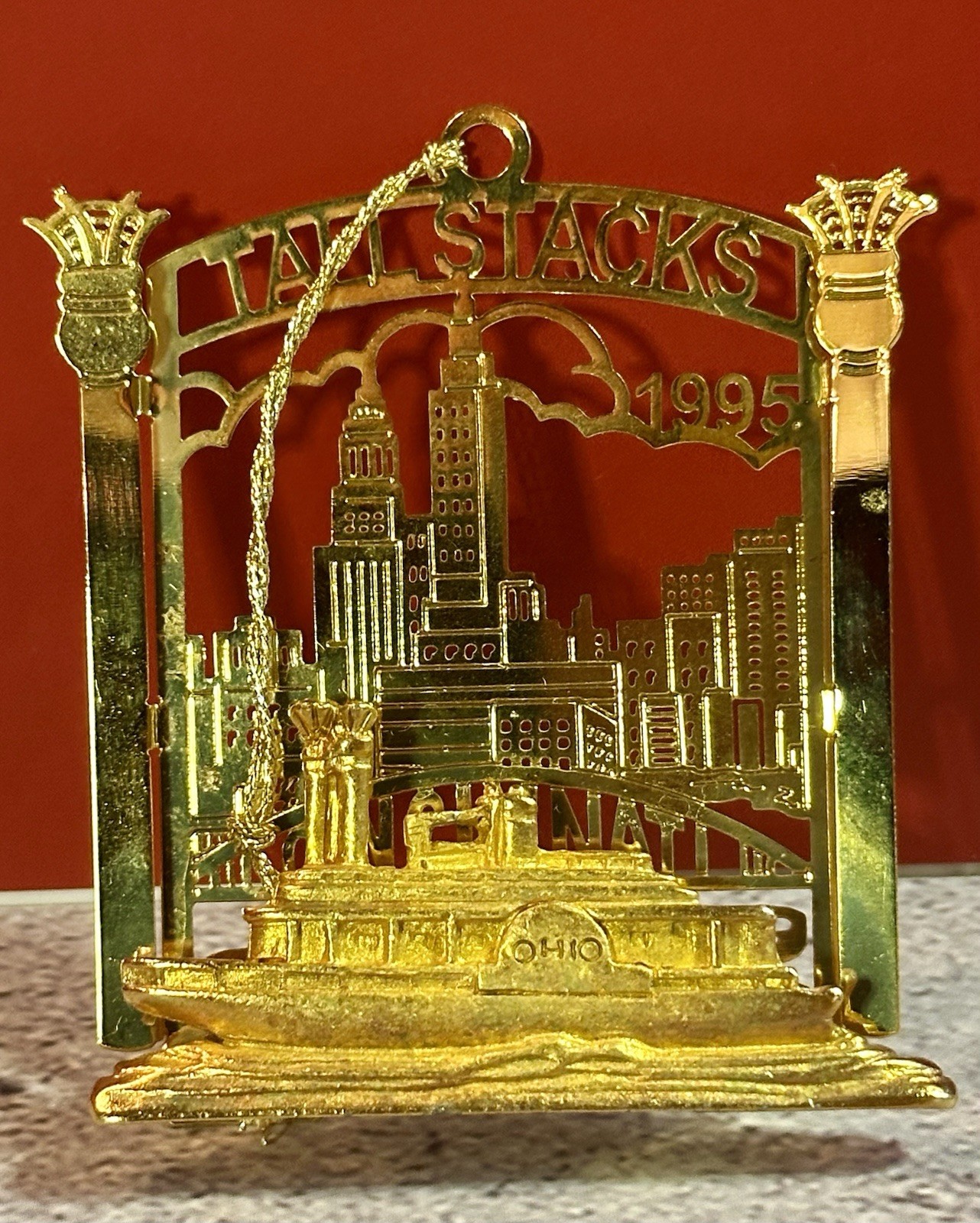 1995 McAlpin's CINCINNATI Tall Stacks Christmas Tree Ornament Gold Plated Finish