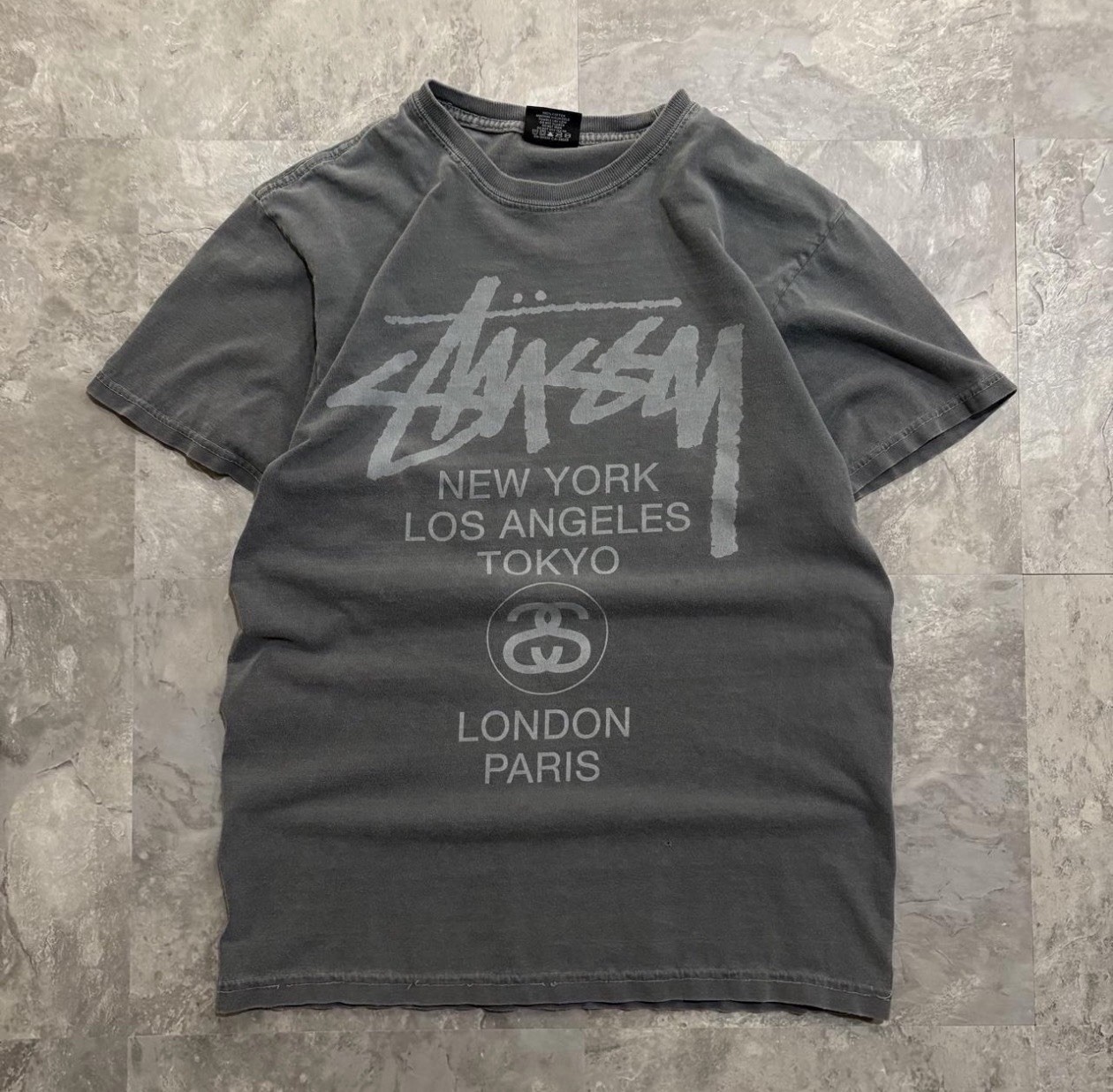 Rare Stussy NY, LA, TK, LND, PAR Crewneck Short Sleeve Gray T-shirt - Size S Rare Stussy NY, LA, TK, LND, PAR Crewneck Short Sleeve Gray T-shirt - Size S