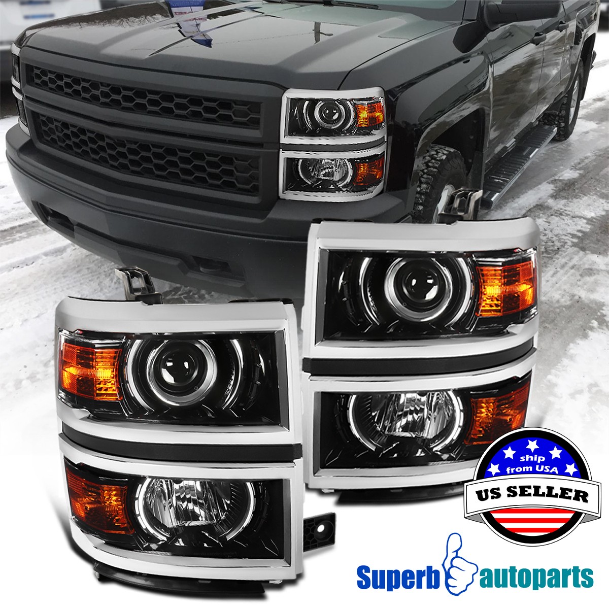 Shiny Black for 2014-2015 Chevy Silverado 1500 Projector Headlights Chrome Trim Shiny Black for 2014-2015 Chevy Silverado 1500 Projector Headlights Chrome Trim