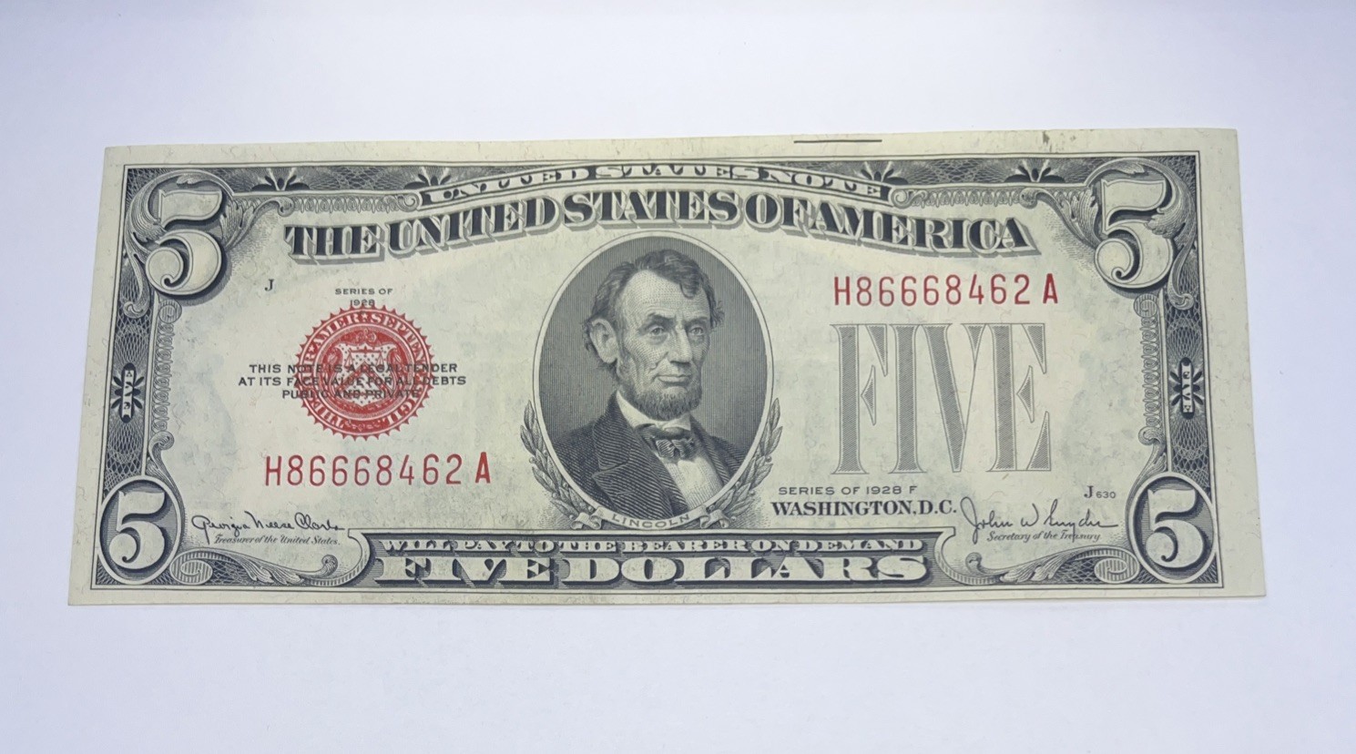 1928 FIVE DOLLAR RED SEAL BEARER ON DEMAND NOTE CRISPY, CLEAN UNCIRCULATED 1928 FIVE DOLLAR RED SEAL BEARER ON DEMAND NOTE CRISPY, CLEAN UNCIRCULATED
